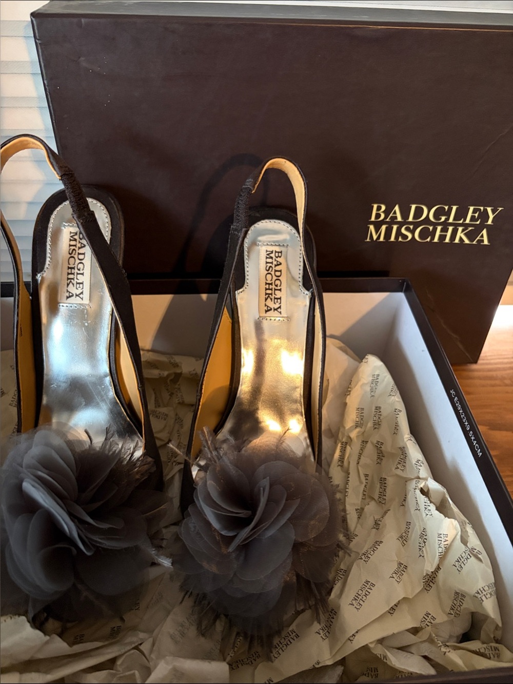 Badgley Mischka Black Slingback Heels with Gray Floral Rosettes